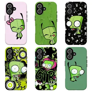 FL-Invad3r Zim GIR Skulls & Stars Phone Case,Green Alien Cartoon Y2K Punk Cover For iPhone 11 12 13 14 15 16 17 Air Pro Max for Samsung S26 S25 S24 S23 S22 S21 Case,Gift for her/him/fans