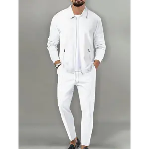 Sporty Two-piece Set Men's Plain Zip Up Jacket & Drawstring Waist Pants Tracksuit Set, Sports Collared Outerwear & Pocket Trousers, Men's Sportswear for Workout Running, Activewear, Gym 2 Piece Set