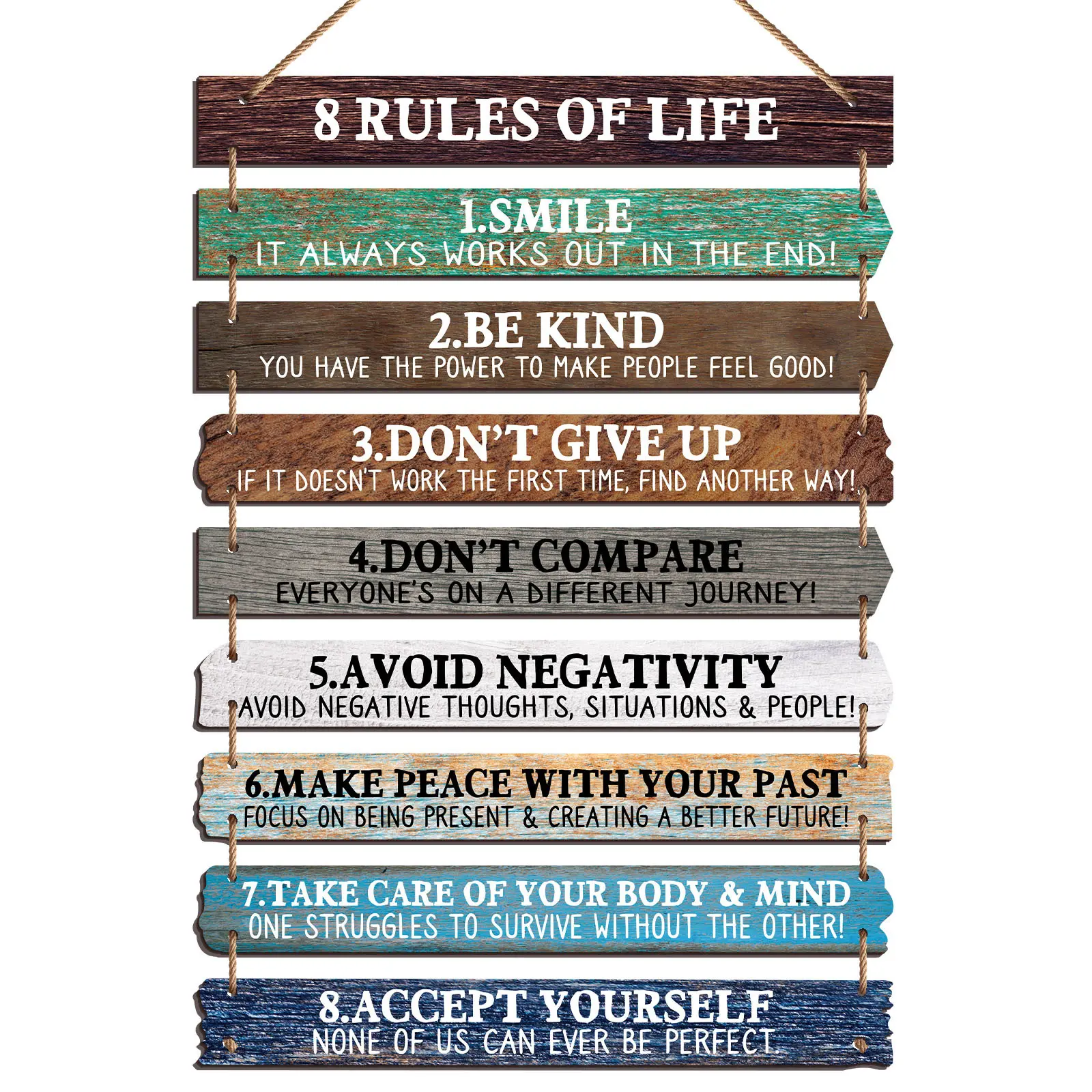 1set "8 RULES OF LIFE" Inspirational Wall Art Decor for Office, Wooden Rustic Hanging Motivational Wall Art Decoration Sign, Inspiring Positive Quotes Wall Art for Home Living Room Bedroom Bathroom Classroom Gym