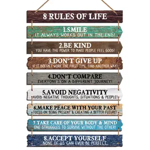 1set "8 RULES OF LIFE" Inspirational Wall Art Decor for Office, Wooden Rustic Hanging Motivational Wall Art Decoration Sign, Inspiring Positive Quotes Wall Art for Home Living Room Bedroom Bathroom Classroom Gym