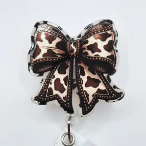 Western Brown and Cream Cow Print Coquette Bow Acrylic Retractable Badge ID Reel Belt or Alligator Clip
