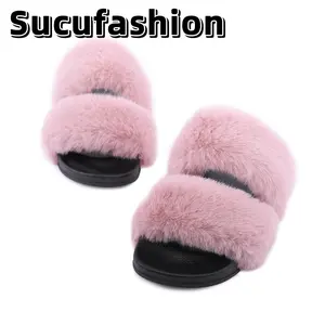 Women's Fluffy Faux Fur Slippers Comfy Open Toe Two Band Slides with Rubber Sole Girl Footwear Shoe Walking Shoes Flipflop Classic Soft Comfort