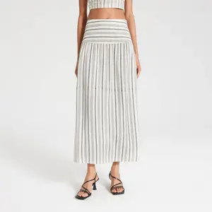 Women's Pleated Curved Yoke Maxi A-Line Skirt - A New Day Black/Cream/White Striped 2