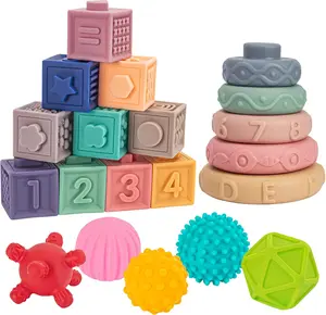 Mother's Day Gift  3 in 1 Montessori Toys for Babies 0-3-6-12 Months, Soft Baby Teething, Stacking Building Blocks for Infants, Sensory Developmental Education Toys for Toddler Baby 12-18 Months,22 PCS