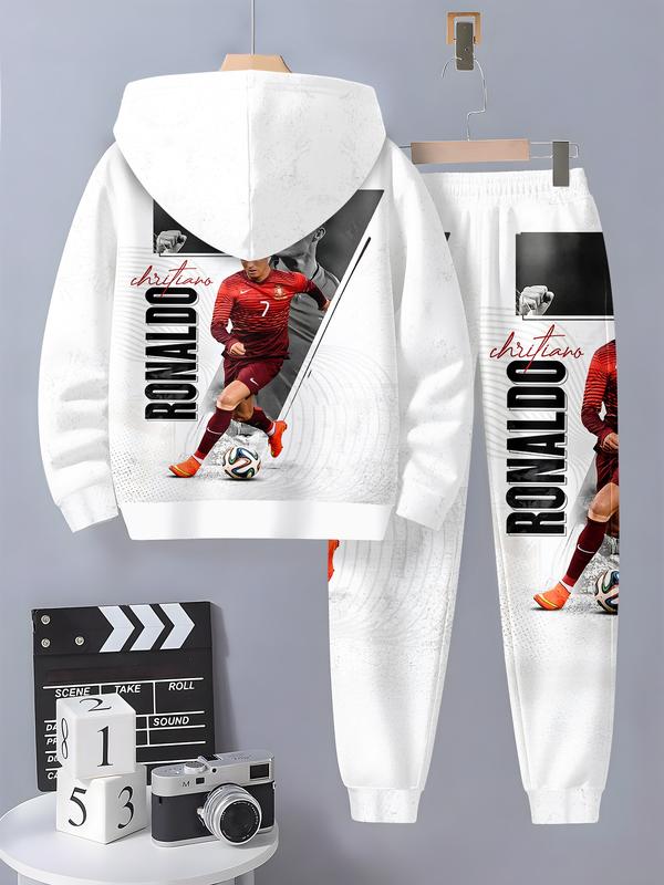 Boy's CR7 Football Themed Sweatsuit with Soccer Number Prints, Hooded Sweatshirt and Pants, Casual Outfit for Spring & Fall