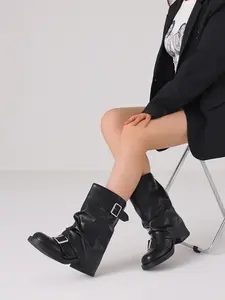 AMINUGAL Vintage Style Platform Motorcycle Women's Mid-calf Boots with Buckle Detail for Casual & Street Wear Comfortable Biker Boots in Black Leather