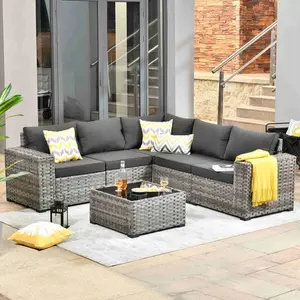 6 Pieces Outdoor Patio Furniture Set, Wicker Sectional Sofa Set Rattan Modular Patio Conversation Sets with Cushions Couch Set & Coffee Table for Outside, Garden, Balcony, Porch