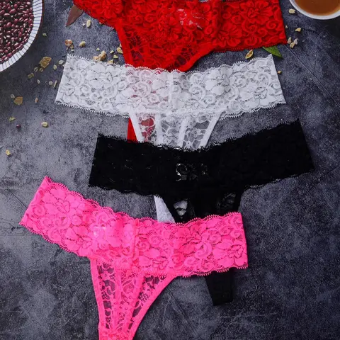 Women's Solid Color   Contrast  Lace Thong, Soft Comfy Breathable Panty for Daily Wear, Women's Underwear for All Seasons, Trim Lace Panty, Sheer Lace Panty, Soft Breathable Knicker, Lacy Panties, See Through Panties