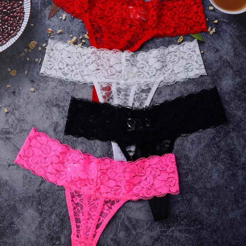 Women's Solid Color   Contrast  Lace Thong, Soft Comfy Breathable Panty for Daily Wear, Women's Underwear for All Seasons, Trim Lace Panty, Sheer Lace Panty, Soft Breathable Knicker, Lacy Panties, See Through Panties