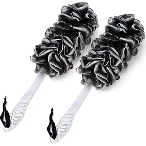 2Pack Back Scrubber for Shower, Dual-Sided Loofah on a Stick as Shower Brush Exfoliating Body with Long Handle, Loofah Sponge Mens Loofah Bathing Accessories for Women (2Pack Black)