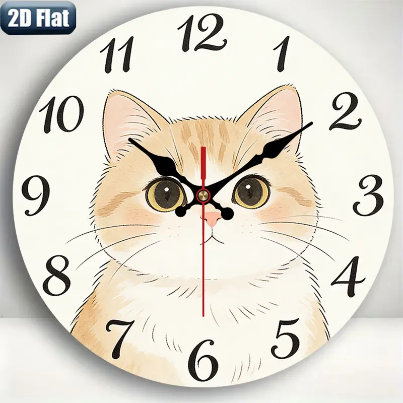 2D flat design. 1 piece set. Cute Orange Cat Illustration Wall Clock, Silent Decorative Wall Clock, Creative Wall Clock, Suitable for Bedroom, Living Room, and Office Decoration, 25/30cm (excluding AA batteries), 2D Flat Version