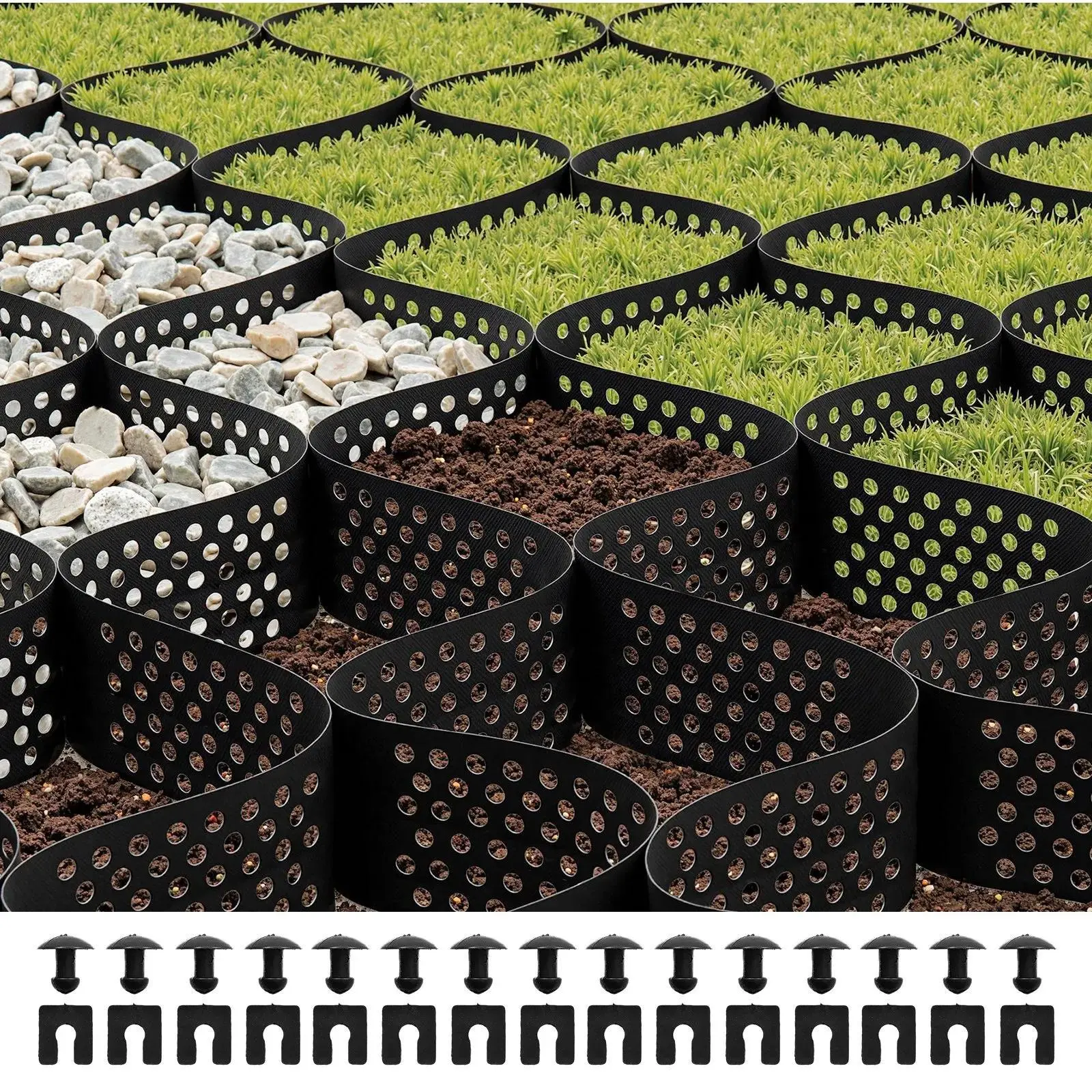 VEVOR Honeycomb Permeable Geo Grid Pavers, 4-in Deep Outdoor Roll-Out Sheet, 17.06x8.86 FT/5200x2700 mm, 1885 LBS/Sq In Grass Ground Retainer, Recycled HDPE, Water Resistant, Easy Installation, Custom Sizes, for DIY Users, Driveway Stabilization