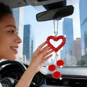 Heart-Shaped Rhinestone Fur Ball Car Mirror Ornament, Options, Sweet Fashion Bag Charm, Girl Gift