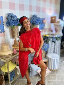 PLUS/REG Red Garment Washed Handkerchief Hem Mini Dress