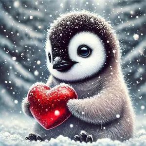 5D DIY Full Drill Round Diamond Painting - Diamond Painting Kit Penguin Holding Heart Mosaic Canvas DIY Wall Art, Home Wall Decoration