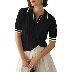 Women's Apricot Short Sleeve Lightweight Cable Knit Polo Shirt V-Neck Fitted Minimalist Fashion Chic Top for Spring & Winter Layering