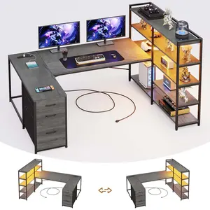 SIKAIC 64.5 Inches Reversible U Shaped LED Gaming Desk Grey with Storage Drawers Open Shelves Dual Monitor Mount RGB Light Durable Home Office Setup