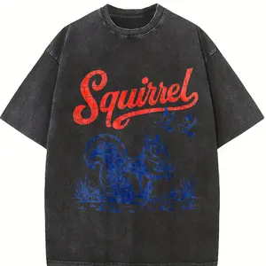 Squirrel Ringer Tee, Retro Americana Wildlife Shirt, Two Tone Vintage Graphic Tee, Unisex Contrast Collar Tee, Red Blue Squirrel Shirt