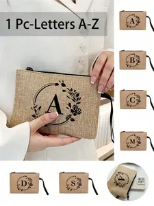1pc Letter Print Linen Zipper Pouch, Fashionable Floral Letter Pattern, Coin Purse, Cosmetic Bag, GiftForWomen, Teachers, Travel Organizer: Perfect For Outdoor & Beauty, Suitable For Women, Mothers, Friends, Bridesmaids, Students, Back To School, Teachers