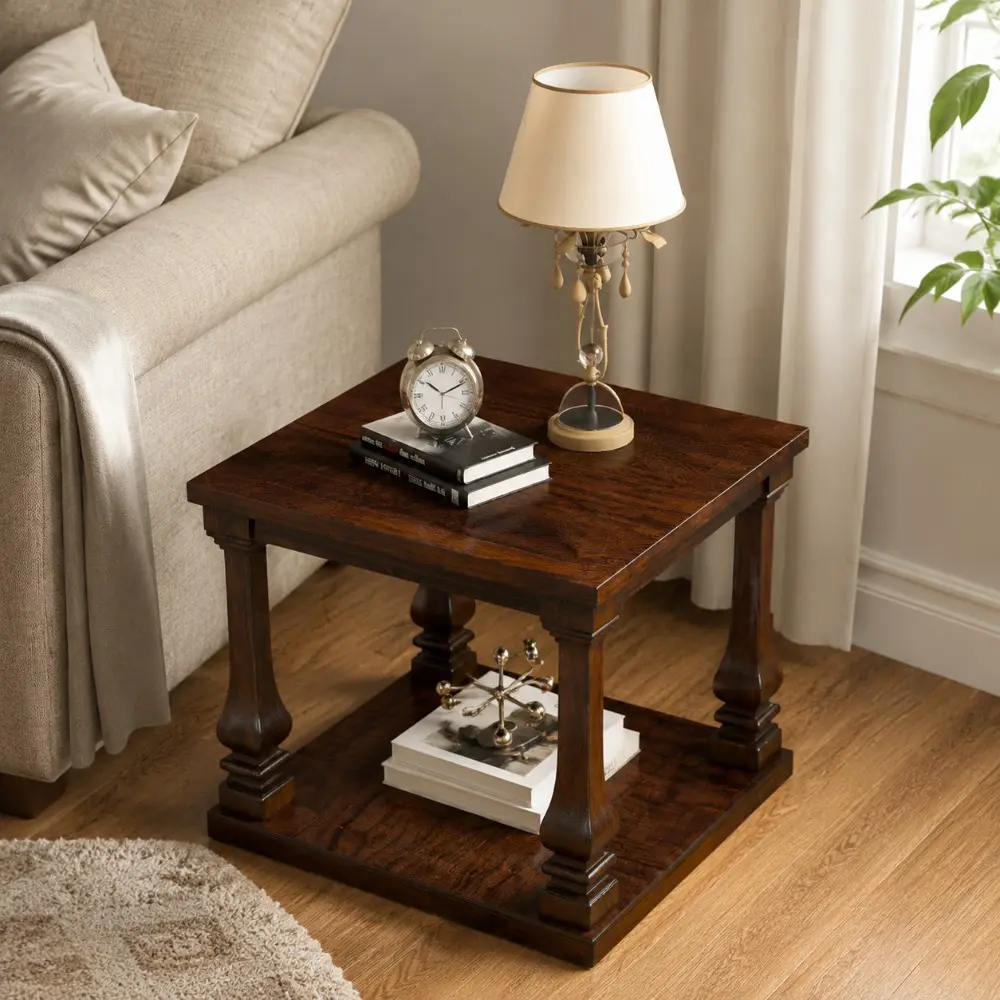 Littleox 24.8" Farmhouse Wood End Table with Storage Shelf, 2-Tier Vintage Side Table with Carved Legs, Square Decorative Nightstand for Living Room & Bedroom,Walnut