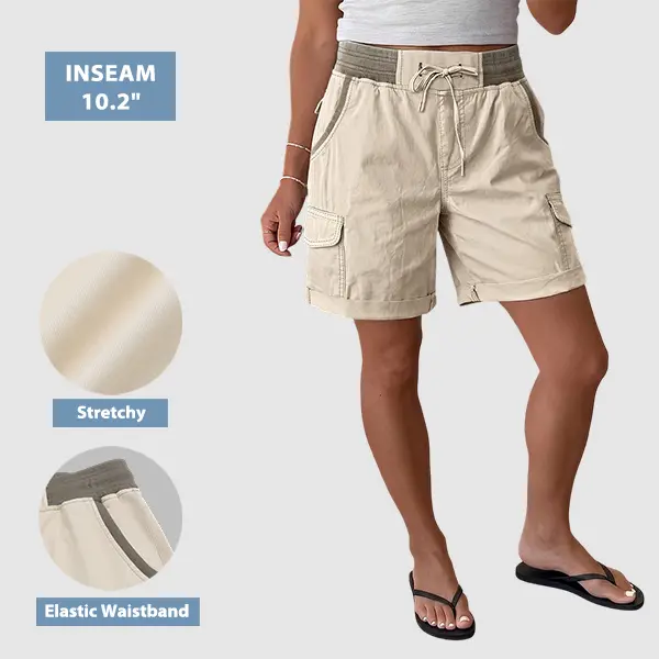 Flamingals Contrast Binding Roll Hem Flap Pocket Drawstring High Rise Bermuda Shorts Womenswear Stretchy 10.2" Inseam