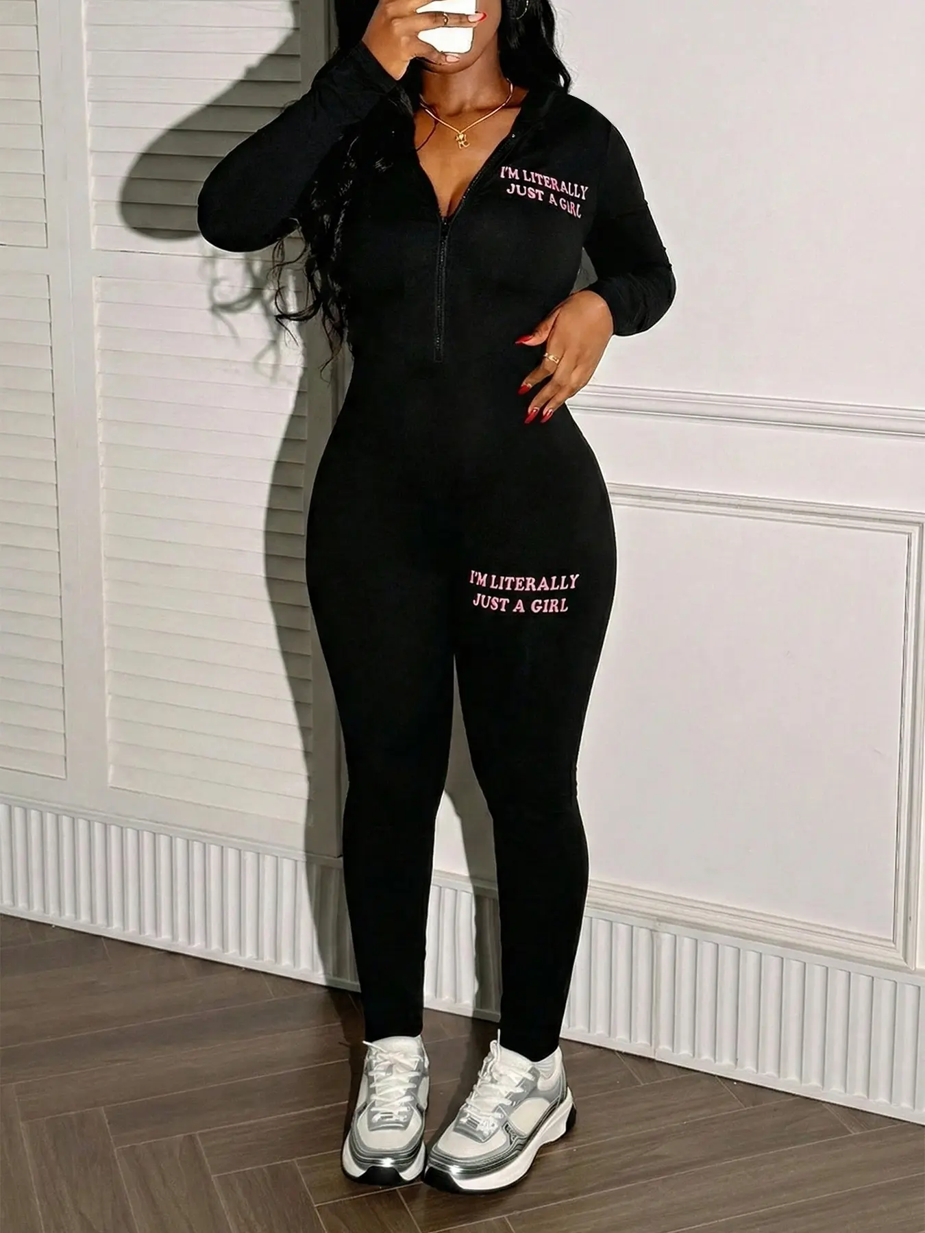 Women's Unique Letter Print Jumpsuit, Stylish Overalls, Overall Jumpsuits, Casual Fitted Long Sleeve, Casual Style Jumpsuit, Natural Waist, Functional Zipper, All Seasons, Comfortable and Trendy, Perfect for Daily Wear, Chic Casual Jumpsuit