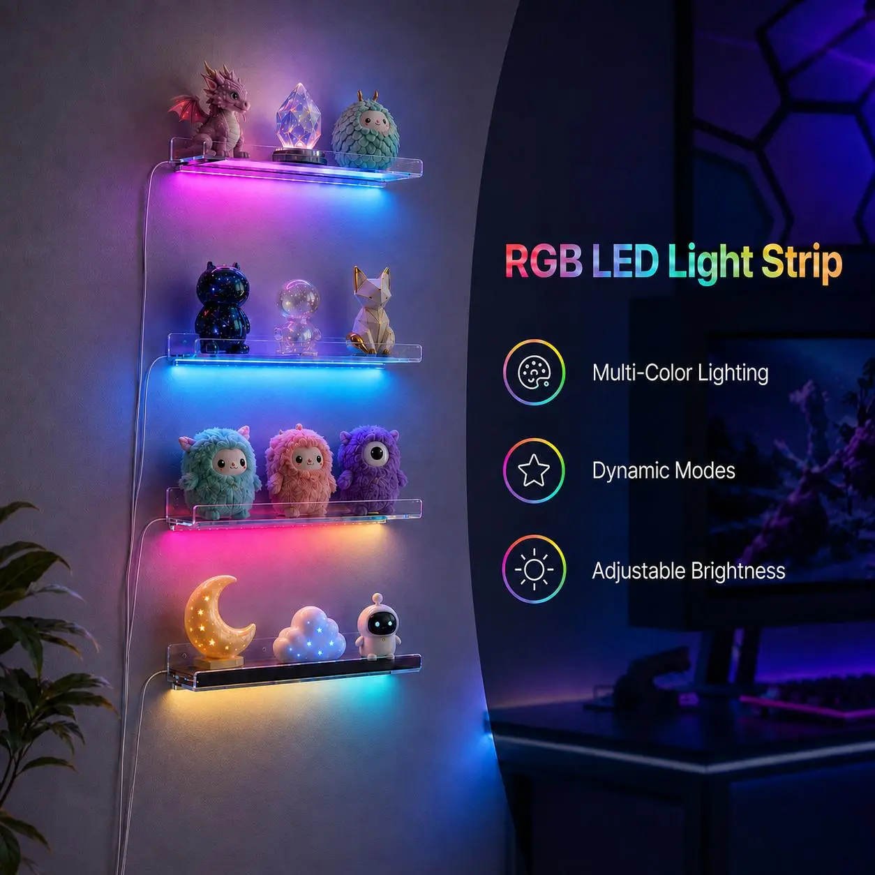 RGB LED Floating Wall Shelves with App Control, Music Sync & Timer, Dimmable Wall Mounted Display Storage Shelf for Bedroom, Gaming Room, Living Room