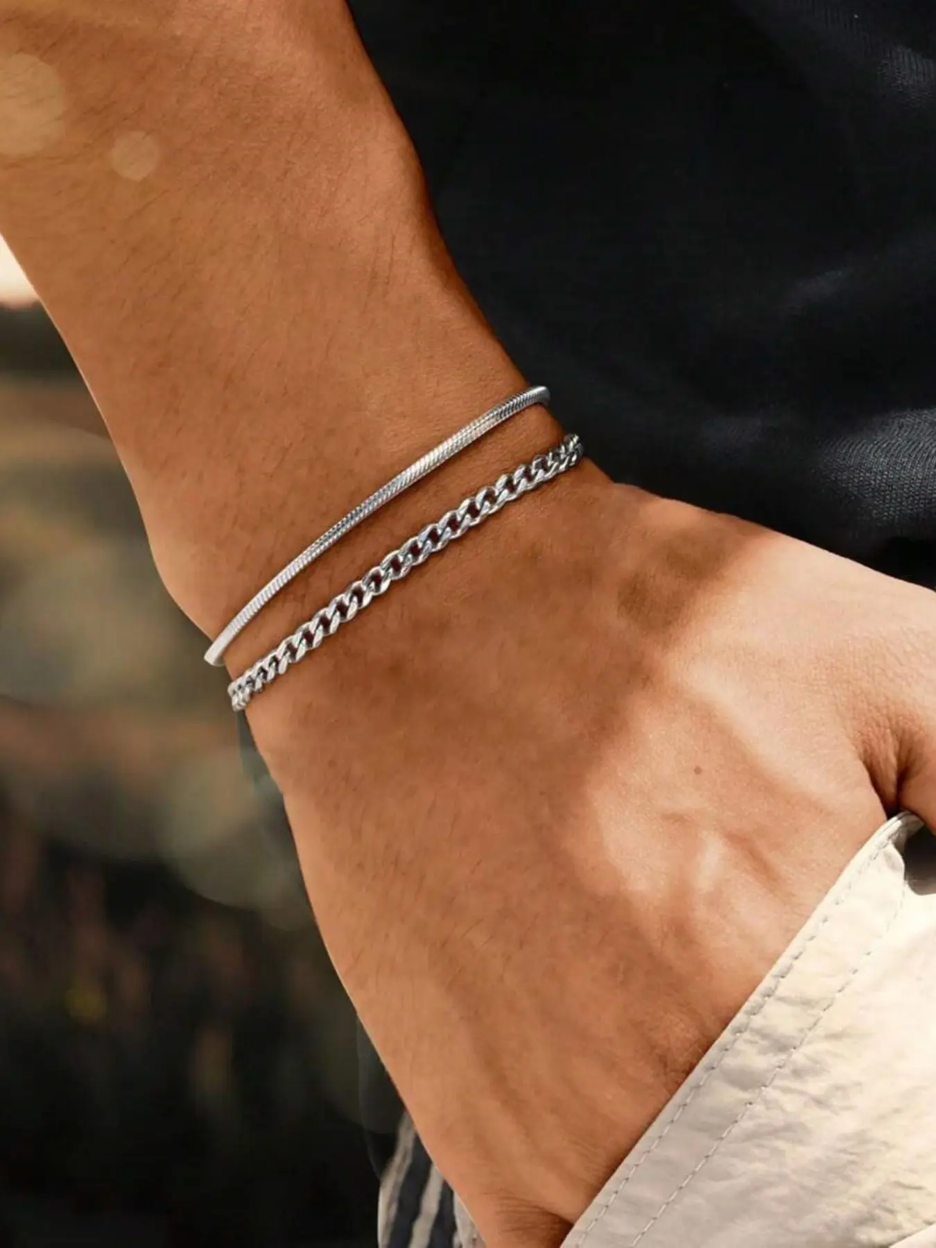 Men's Stainless Steel Adjustable Bracelet Set, Simple Design for