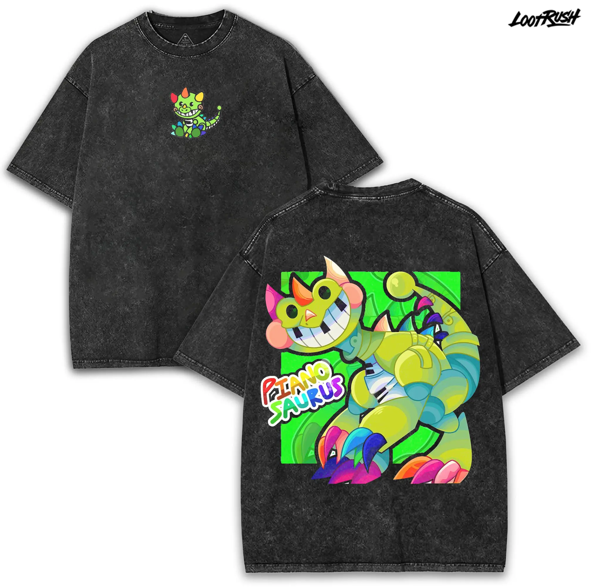 Pianosaurus Poppy Playtime Oversized Washed Tee 260GSM Double Printed Graphic | Retro Dino Toy With a Creepy Smile