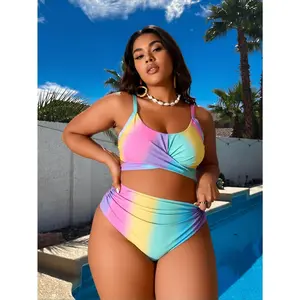 2026 Plus Size Trendy Rainbow Gradient Two-Piece Bikini Set, Popular Y2K Swimwear with Knotted Front Crop Top and High-Waisted Ruched Bottom, Perfect for Beach Vacations and Pool Parties