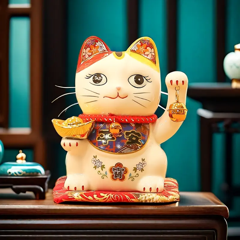 5.5-Inch Anime-Style Flower Design Ceramic Maneki Neko Figurine - Home Decor Fengshui Amulet, Ideal for Christmas, Halloween, Holiday Gifting, White Good Fortune Cat Statue (Home Supplies, Statues & Figurines)