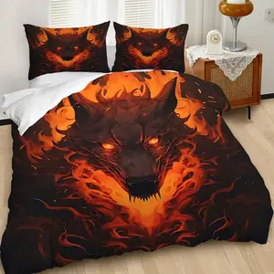 Dark Wolf Head Print Surrounded by Flames Decorative Duvet Cover Set, Wild Subculture Style Bedding Set,Blending Edgy Darkness with A Unique, Sensual Feel.Soft Material for Cozy Sleep. 2/3Pcs Includes 1 or 2 Pillowcases, No Filling/With Zipper Closure.