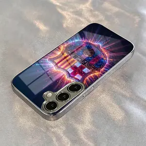Vibrant Barcelona Crest Pattern New Electroplated Glass Case Suitable for Samsung S25 S24 S23 S22 ULTRA FE Plus And iPhone 11 12 13 14 15 16 Pro Max Plus Series,With anti-fouling/anti-vibration protective cover