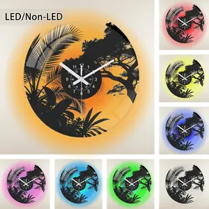Artistic Wall Clock Set, Thickened Tempered Glass Round Design, Tropical Plant & Tree Outline, LED Color Changing, Suitable for Bedroom Living Room