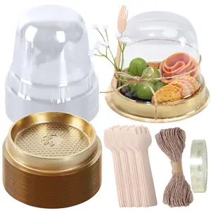 50 Sets Disposable Individual Charcuterie Cup Clear Plastic Round Cake Boxes with Dome Lids Mini Wooden Spork Rope for Outdoor Snack Packing Open Houses Gatherings Wedding Party Event