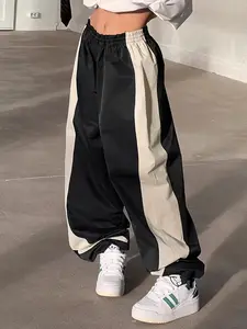 Women's Summer Casual Comfy Baggy Colorblock Patchwork Elastic Waist Flowy Drawstring Pants, Womenswear Comfortable Loose Fit Long Trousers for Daily Wear