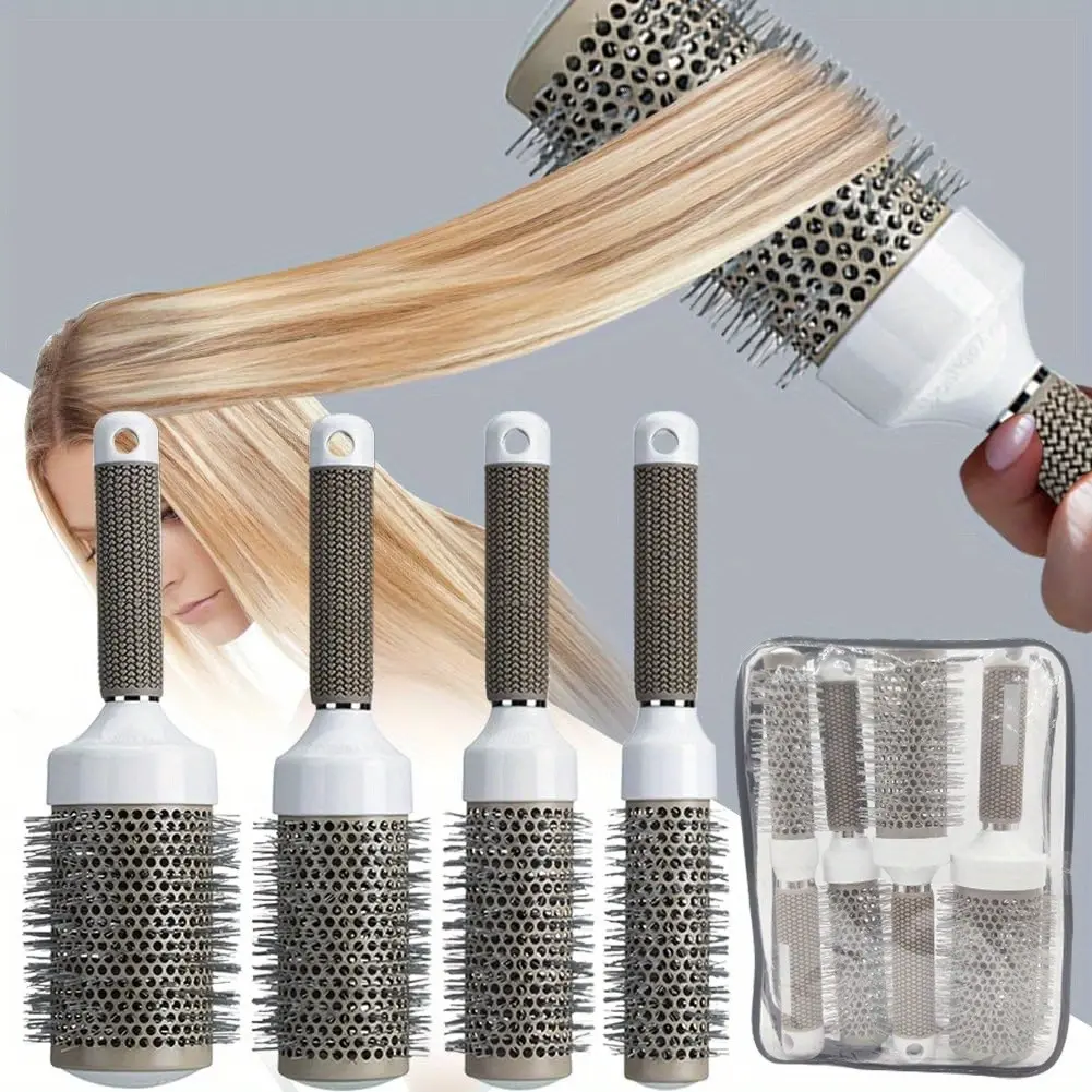 5pcs Cylinder Comb Set with Storage Bag, Dual Use Curling Straightening Hair Brush, Non-Toxic Ceramic Aluminum Heatless Styling Tool