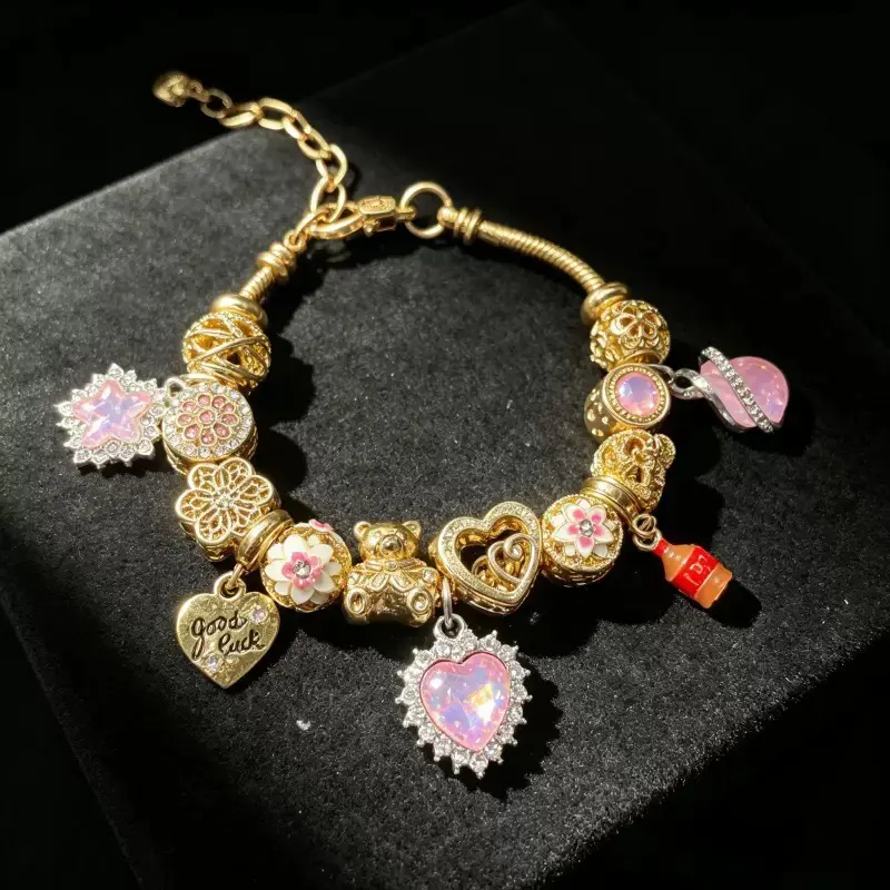 Elegant Gold Tone Charm Bracelet with Heart & Floral Charms for Women's Fashion Accessory