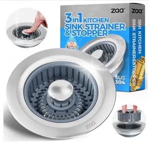 Sink Drain Strainer - Sink Stopper Kitchen Drain, 3 in 1 Kitchen Sink Drain Strainer with Anti-Clogging Basket, Kitchen Gadgets Clearance Sink Accessories, Fit US Standard 3-1/2'' Sink Hole, Silver