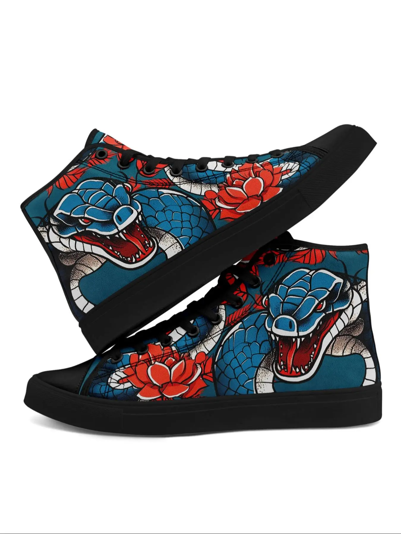 Men's Fashionable Floral Snake Print Lace Up Sneakers, Casual Comfortable Breathable Non-slip Sole Sports Running Shoes, Male All-match Round Toe Shoes for Daily Wear, Closed