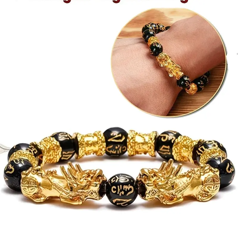 1Pcs Feng Shui Lucky Bracelet Jewelry, Suitable for Men And Women, Beaded Bracelets, Natural Stone, Double Pixiu Design, Obsidian Character Bead Six Character Mantra Bracelet for Wealth Attraction, High Quality Bracelet