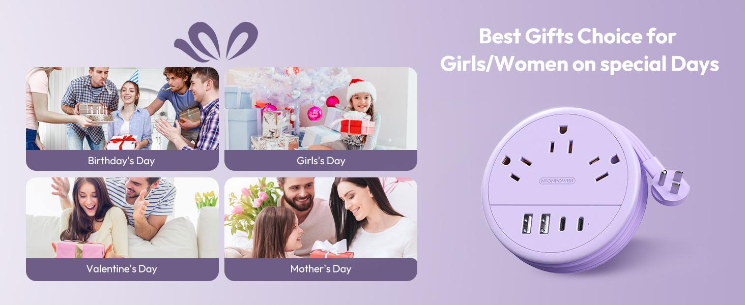 NTONPOWER Travel Power Strip Cruise Approved, 7-in-1 with 3 AC Outlets & 4 USB (2 USB-C), Flat Plug 4FT Wrapped Around Extension Cord, Travel Essentials for Cruise, Hotel & Dorm, Purple Round Strip, Smart USB Charging