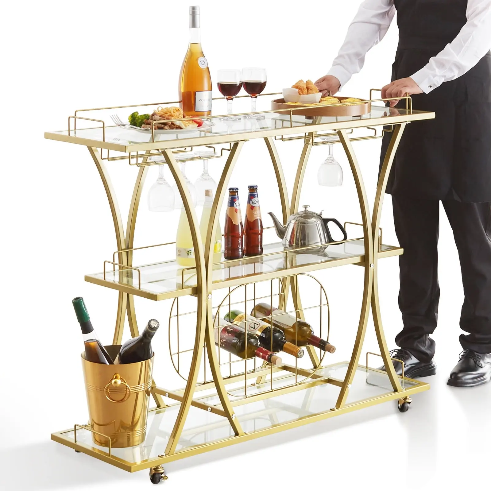 3 Tiers Bar Cart Gold with Lockable Wheels,Wine Rack Glass Holder 180 lbs Metal Bar Serving Cart for Home Kitchen Dining and Living Room