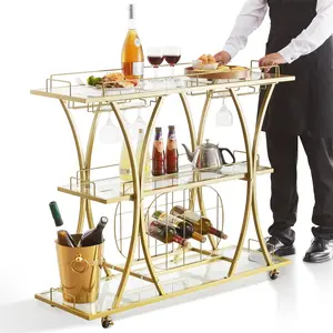 3 Tiers Bar Cart Gold with Lockable Wheels,Wine Rack Glass Holder 180 lbs Metal Bar Serving Cart for Home Kitchen Dining and Living Room