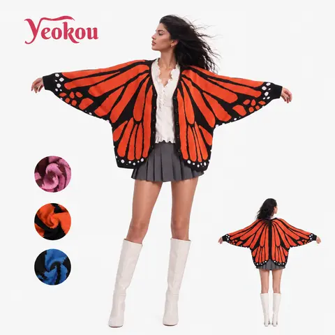 Yeokou Womens Butterfly Wing Batwing Sleeve Knit Cardigan Oversized Button Down V Neck Chunky Knit Sweater Coat Boho Vintage Fall Winter Outerwea