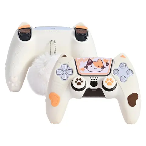 GeekShare Gaming Accessories for PS5 Wireless Controller - Silicone Skin Set with Non-Slip Grip, Protection, Cooling Ridges, 1 Fur Ball Pendant, 2 Thumb Grip Caps, 4 Trigger Caps, 2 Calico Cat Stickers to Enhance Gaming Experience