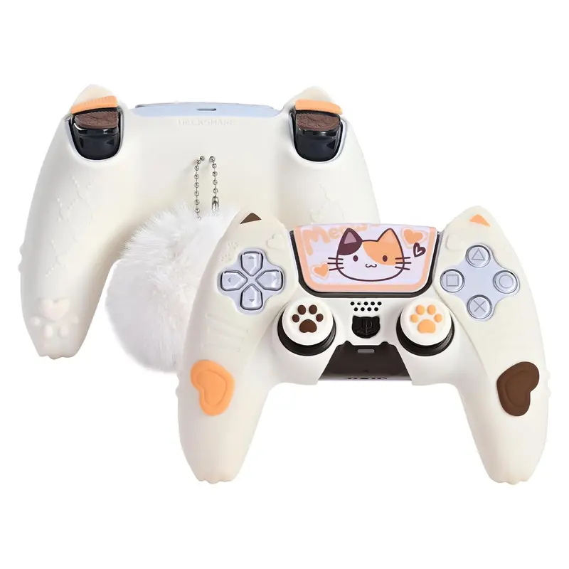 GeekShare Gaming Accessories for PS5 Wireless Controller - Silicone Skin Set with Non-Slip Grip, Protection, Cooling Ridges, 1 Fur Ball Pendant, 2 Thumb Grip Caps, 4 Trigger Caps, 2 Calico Cat Stickers to Enhance Gaming Experience
