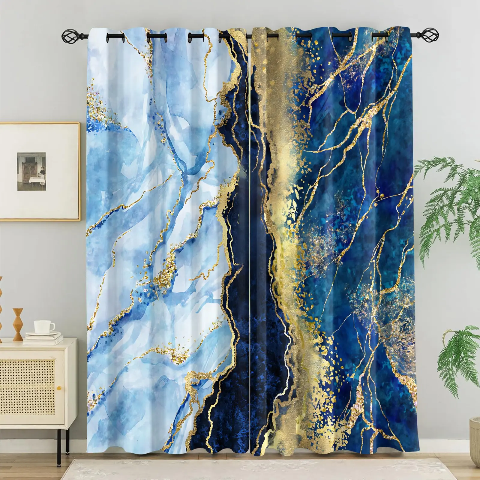 Luxury Gold Marble Privacy Grommet Curtains Window Drapes - 85% Light Blocking, Noise Reducing, Thermal Insulated, Breathable Polyester, Window Treatments for Bedroom/Office, Modern Abstract Home Decor, 2 Panels