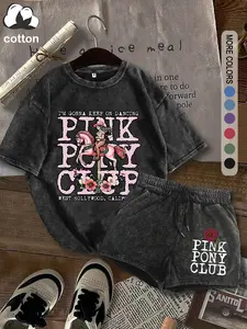 Washed cotton, two-piece women's "Pink Pony Club" distressed West Hollywood style graphic letter print T-shirt and shorts, casual short-sleeved T-shirt and shorts, women's four-season two-piece suit, women's Vintage clothing