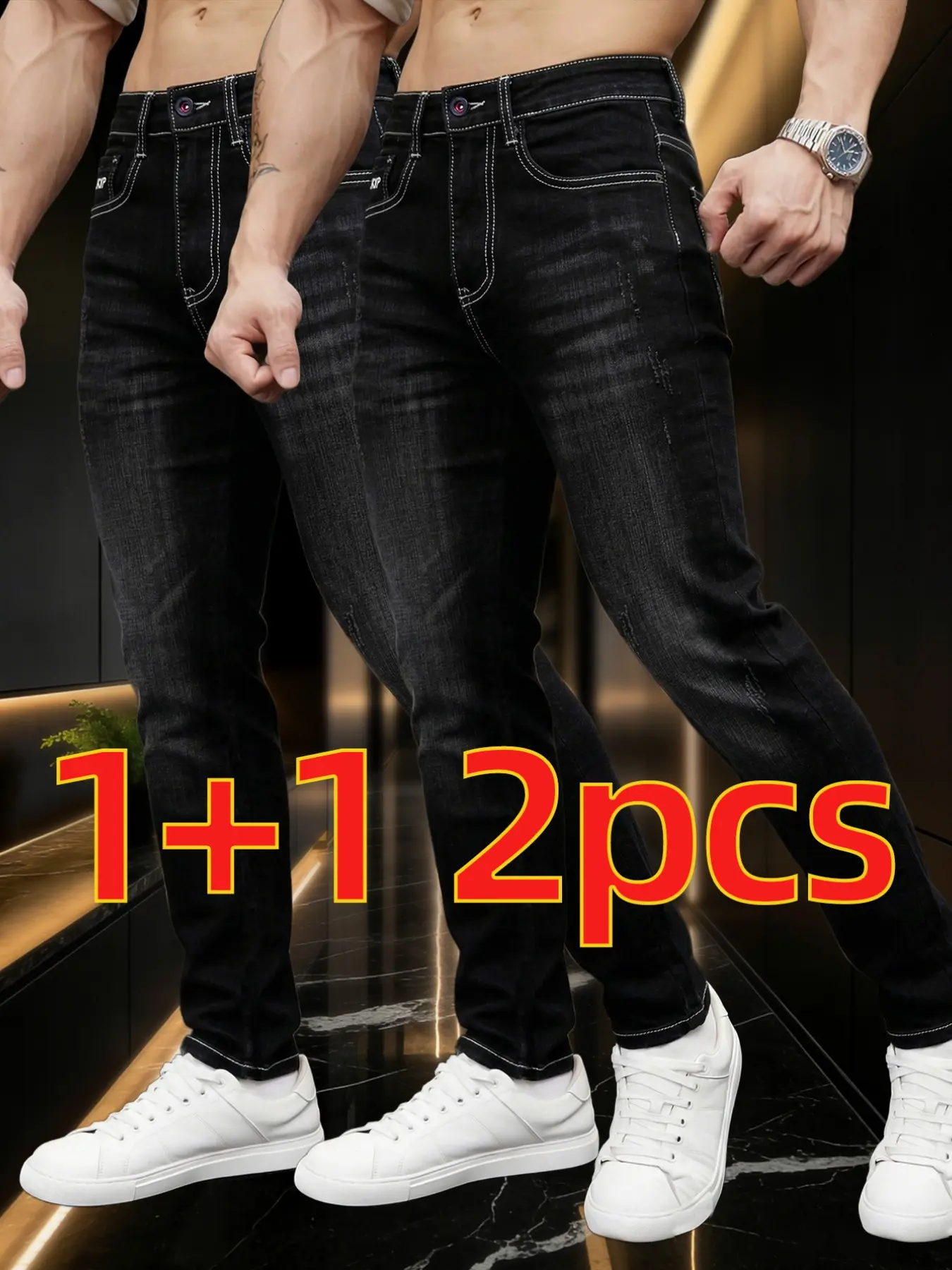 2-piece set 🔥 Slim-fit stretchy casual straight-leg Denim jeans, a TikTok hit that helps you stay fit and look slimmer, suitable for daily casual outfits, and an essential men's long pants for creating a classic American casual look Menswear 🔥